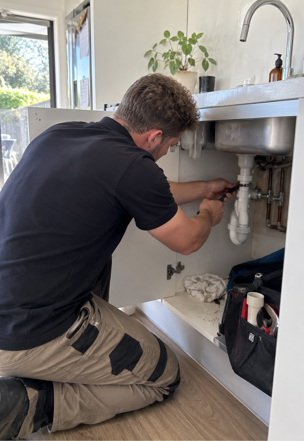 Plumber repairing pipework under a kitchen sink